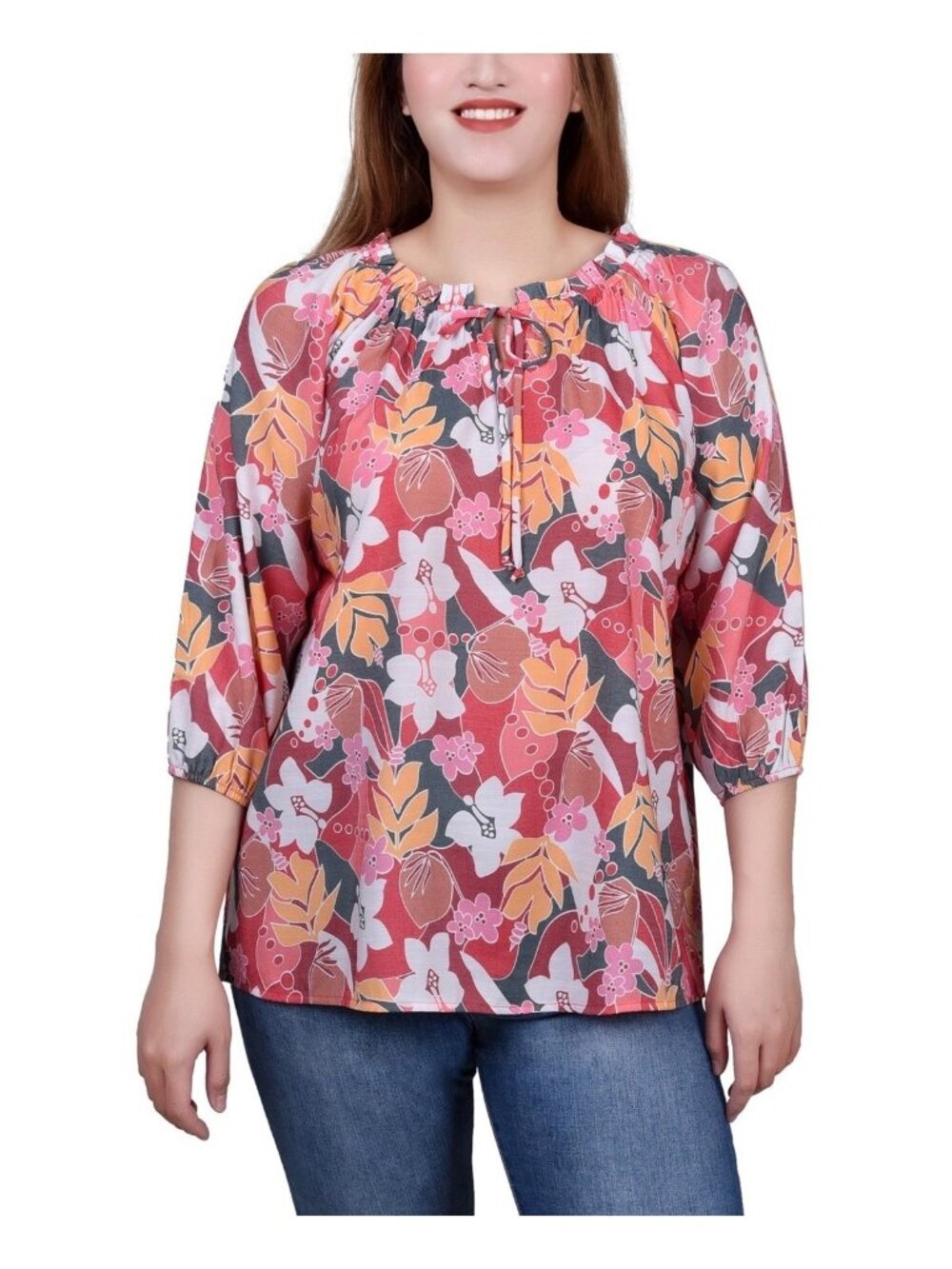 NY Collection 3/4 Sleeve Drawstring Neck Blouse Top Petite Size PM Pink Red
